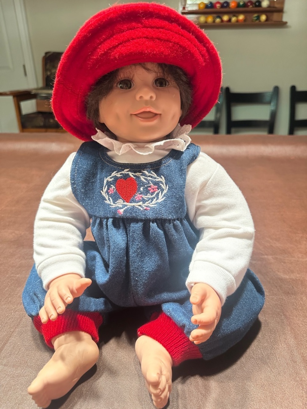 Red-Hat Baby Doll in Blue Dress and White Top